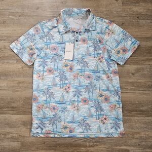NWT Kenny Flowers The Ocean Course  Blue Tropical Floral Print Golf Polo Shirt M